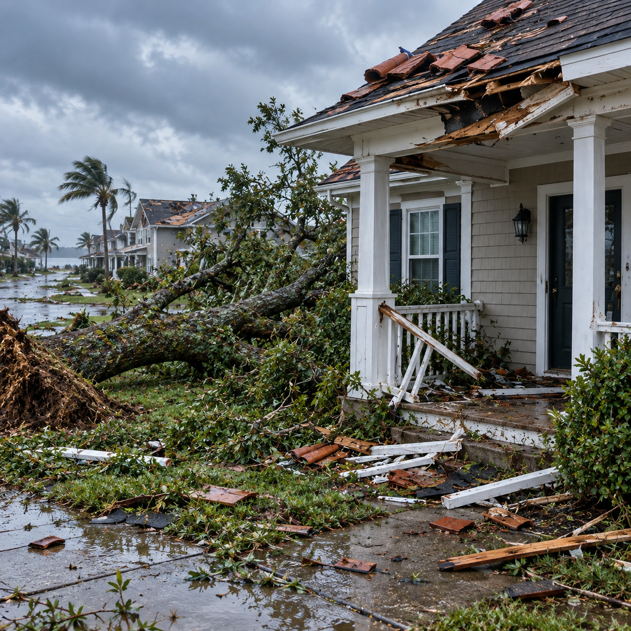 After the hurricane, broken roof tiles, a damaged porch and fallen tree around the same coastal homes, no injured people.