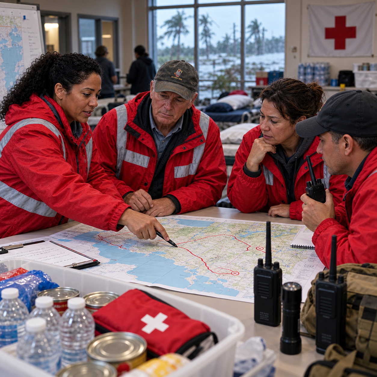 Relief coordinators in red jackets plan rescue routes together around a coastal map inside the shelter, radios and supplies nearby.