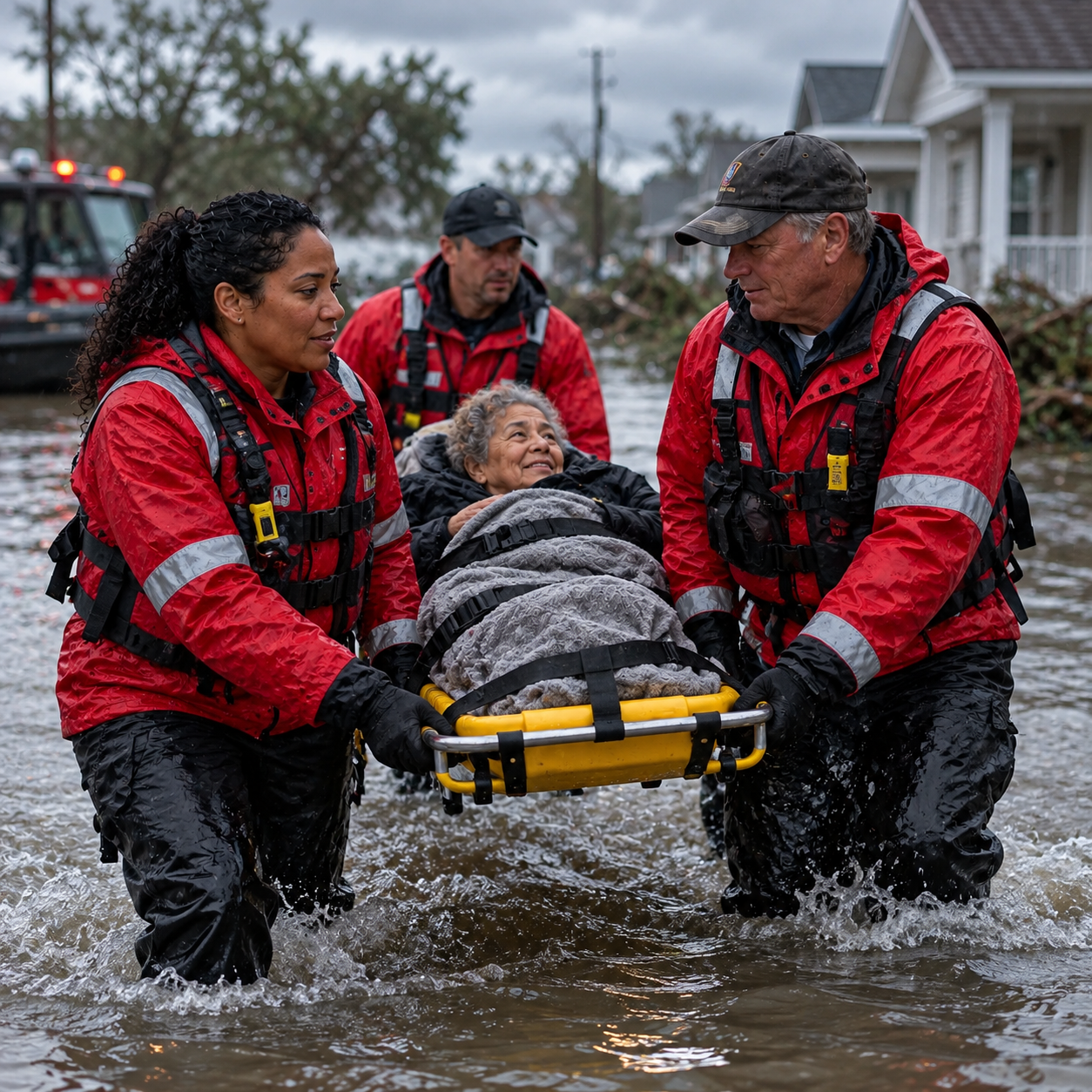 Red-suited rescuers carry a safely secured person on a stretcher through shallow floodwater, coordinated teamwork, presentation scene.