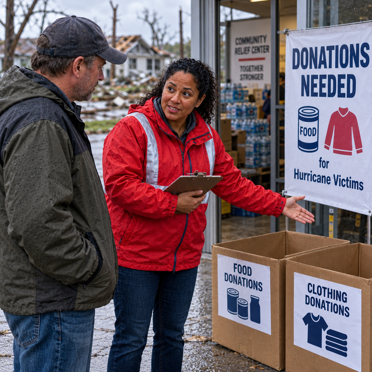 A displaced family asks a shelter volunteer where to find help, volunteer points toward the open shelter, purposeful searching interaction.