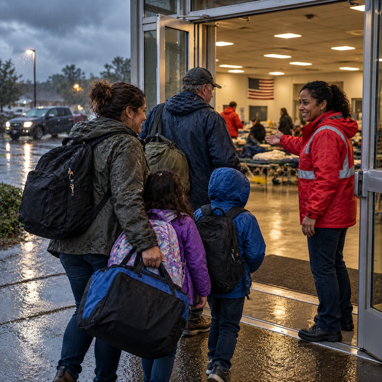Families enter the sturdy lit community shelter in stormy weather, staff waiting at the wide open doors, as in the presentation.