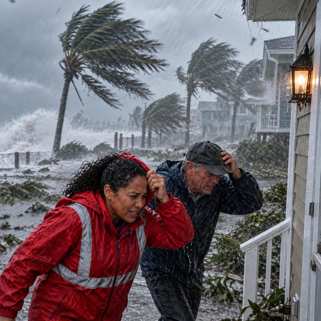 Powerful storm wind bends the palms toward coastal homes as heavy rain hits roofs, direct storm impact rather than aftermath.