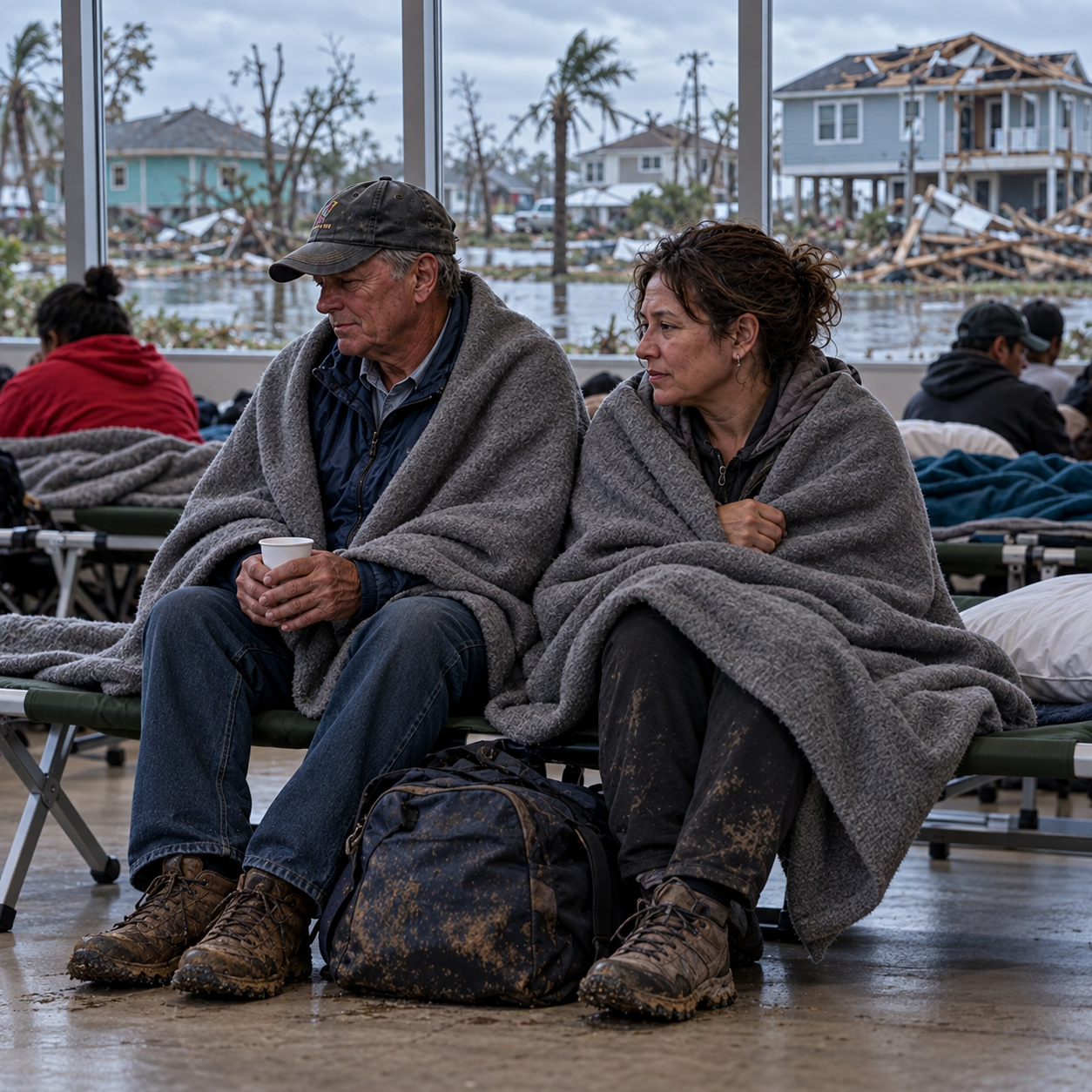 Flood victims wait safely on a roof above floodwater, rescuers approaching, same coastal residential world, no gore.