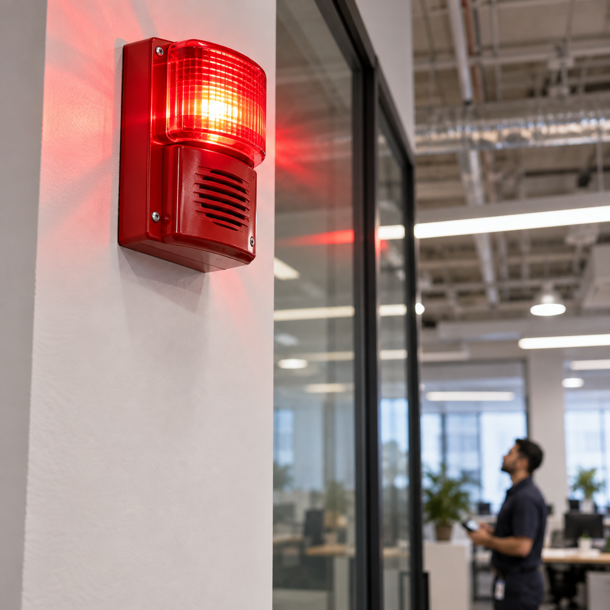 Close view of a glowing red alarm beacon high on the familiar white office wall; the red light reflects softly on the wall and glass partition. A small blurred portion of the navy-uniform technician is far below in the background. No open control cabinet, no seated employee in foreground.