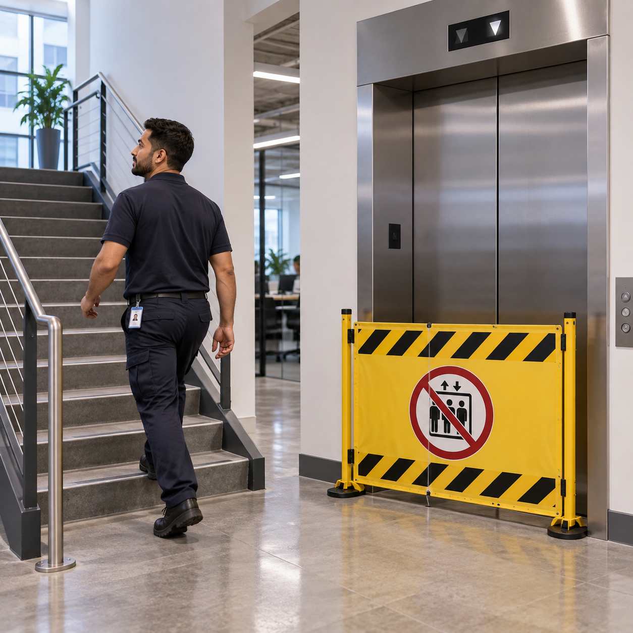 Office worker deliberately chooses the stairs instead of entering the temporarily unavailable elevator during the scheduled test.