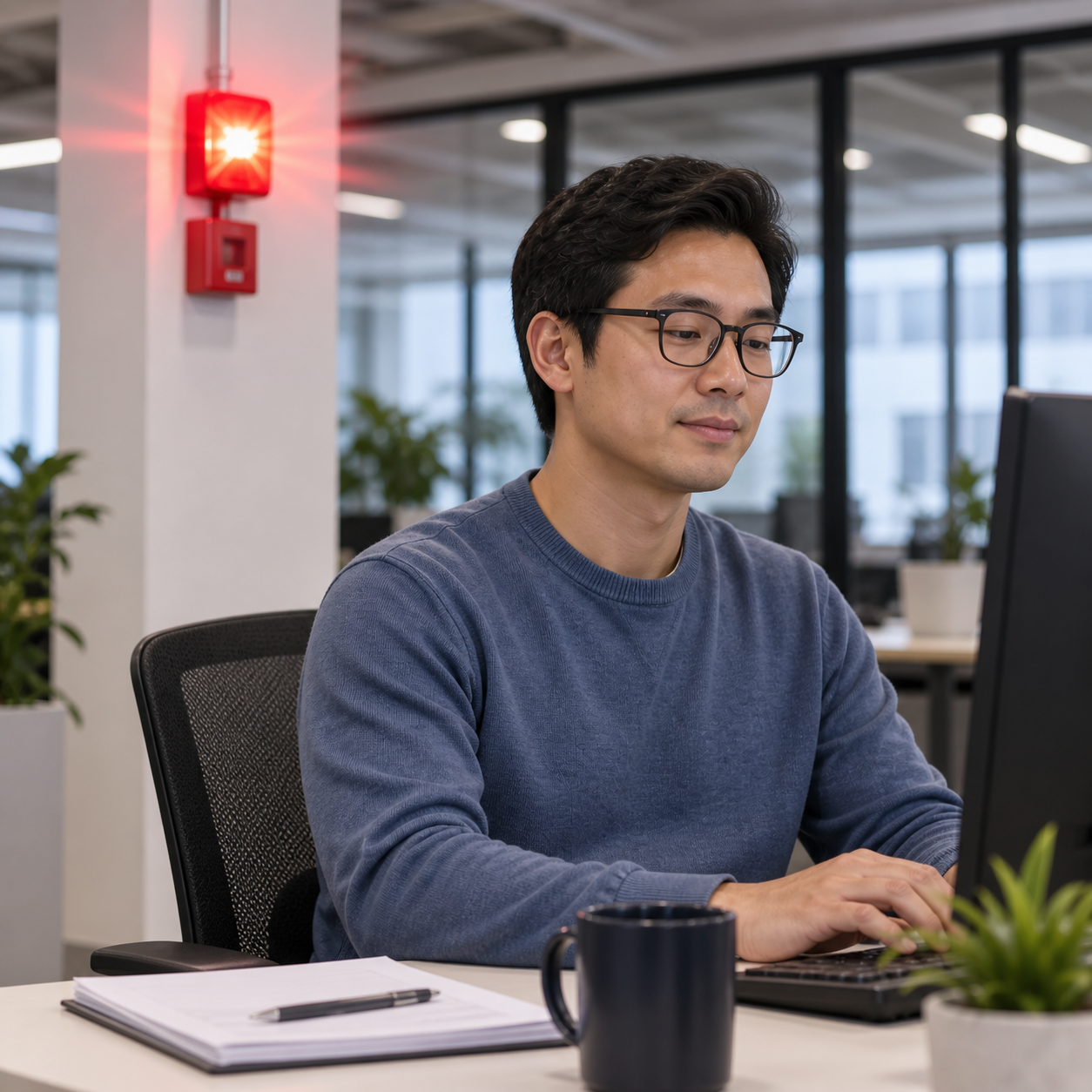 Close on glasses-wearing employee with relaxed expression and lowered shoulders, continuing calmly despite the flashing beacon behind.