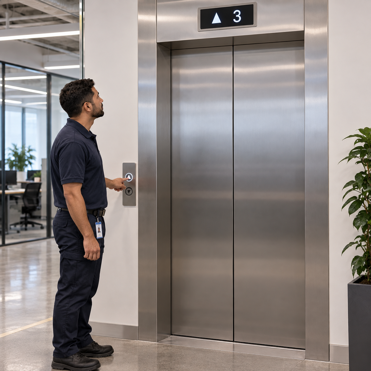 Office elevator doors and floor indicator in the reference building corridor, employee stands beside closed doors rather than inside.