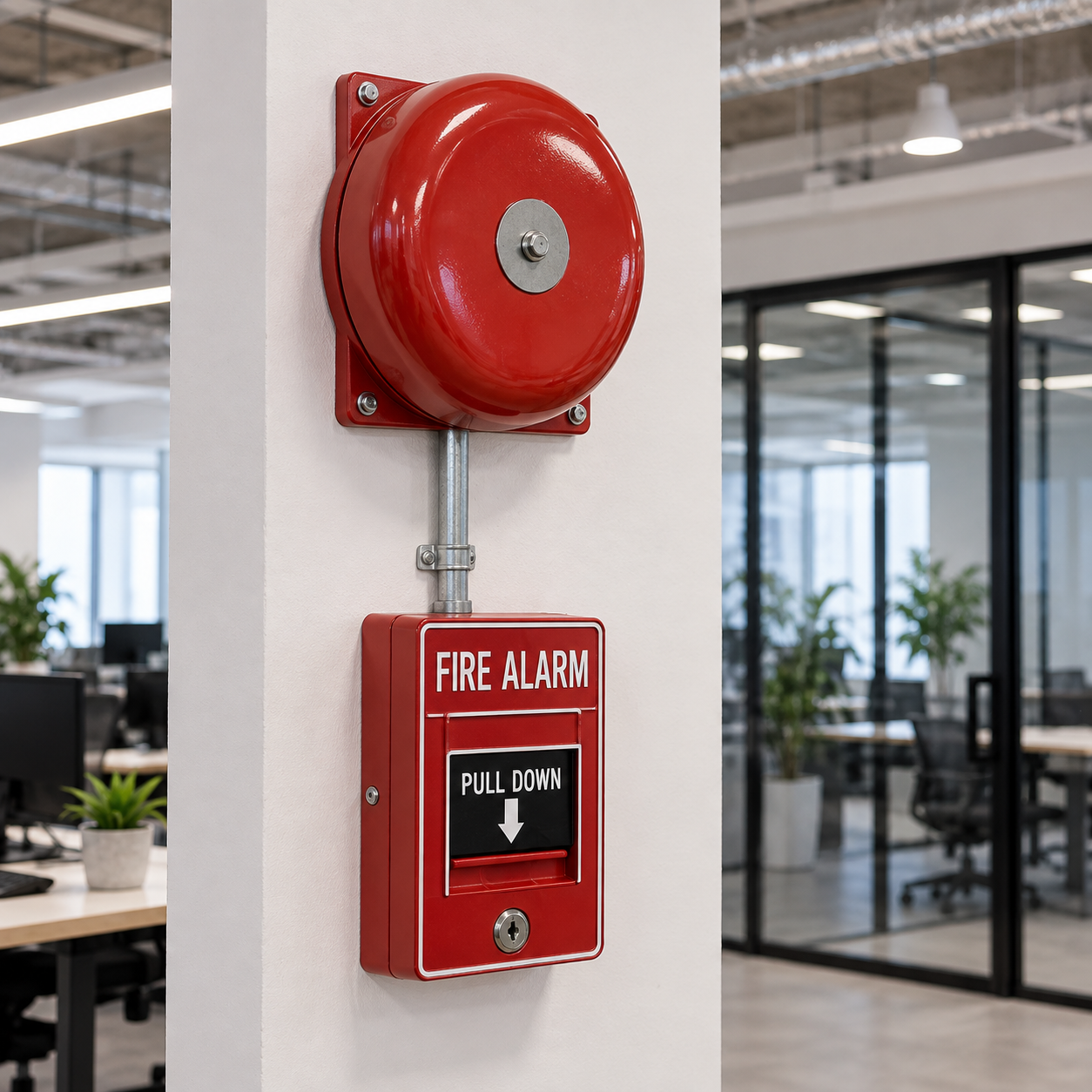 Clear close view of the wall-mounted red fire alarm bell and pull station in the reference office, no active emergency.