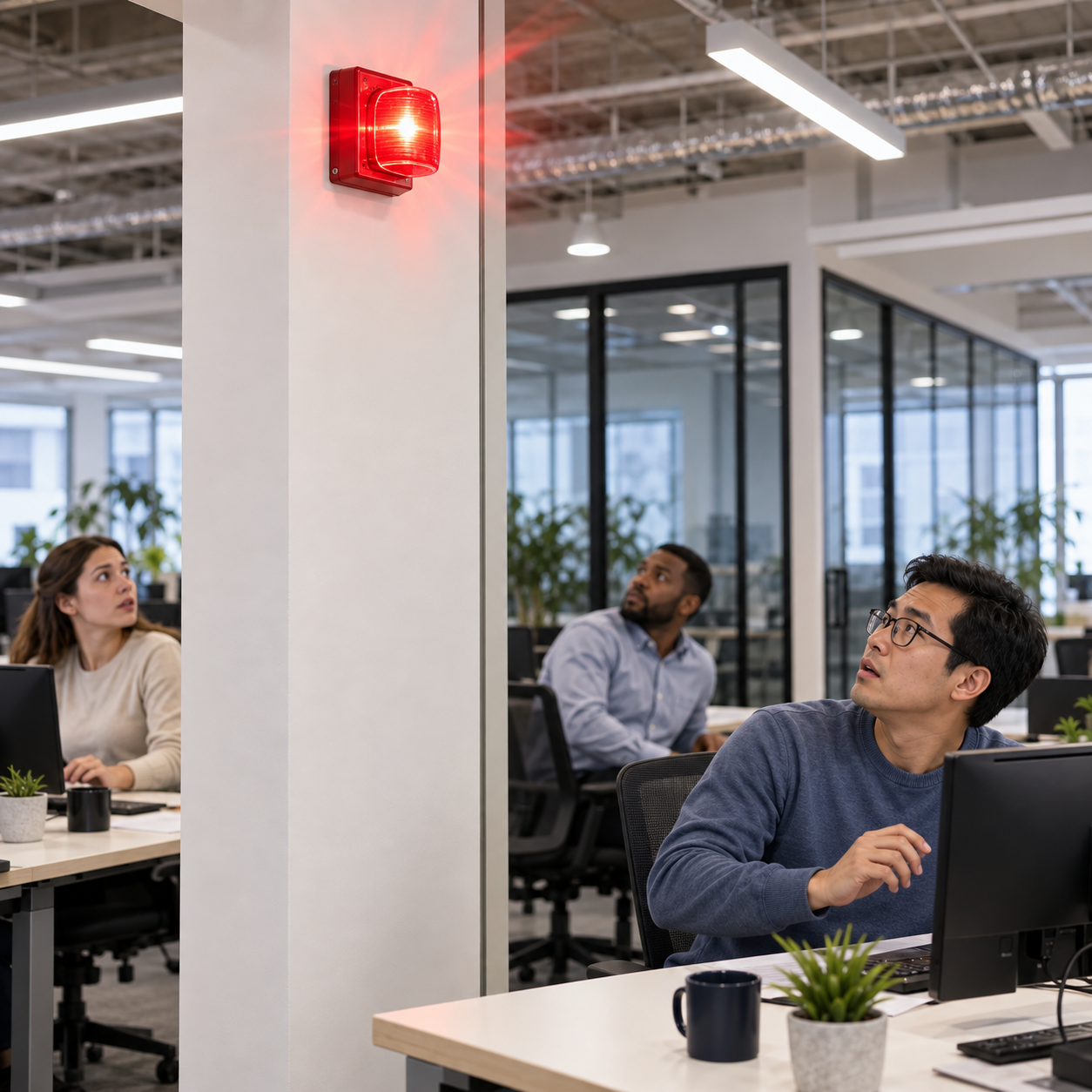 Red alarm beacon actively flashes in the office while nearby employees look toward it; no smoke or actual fire.