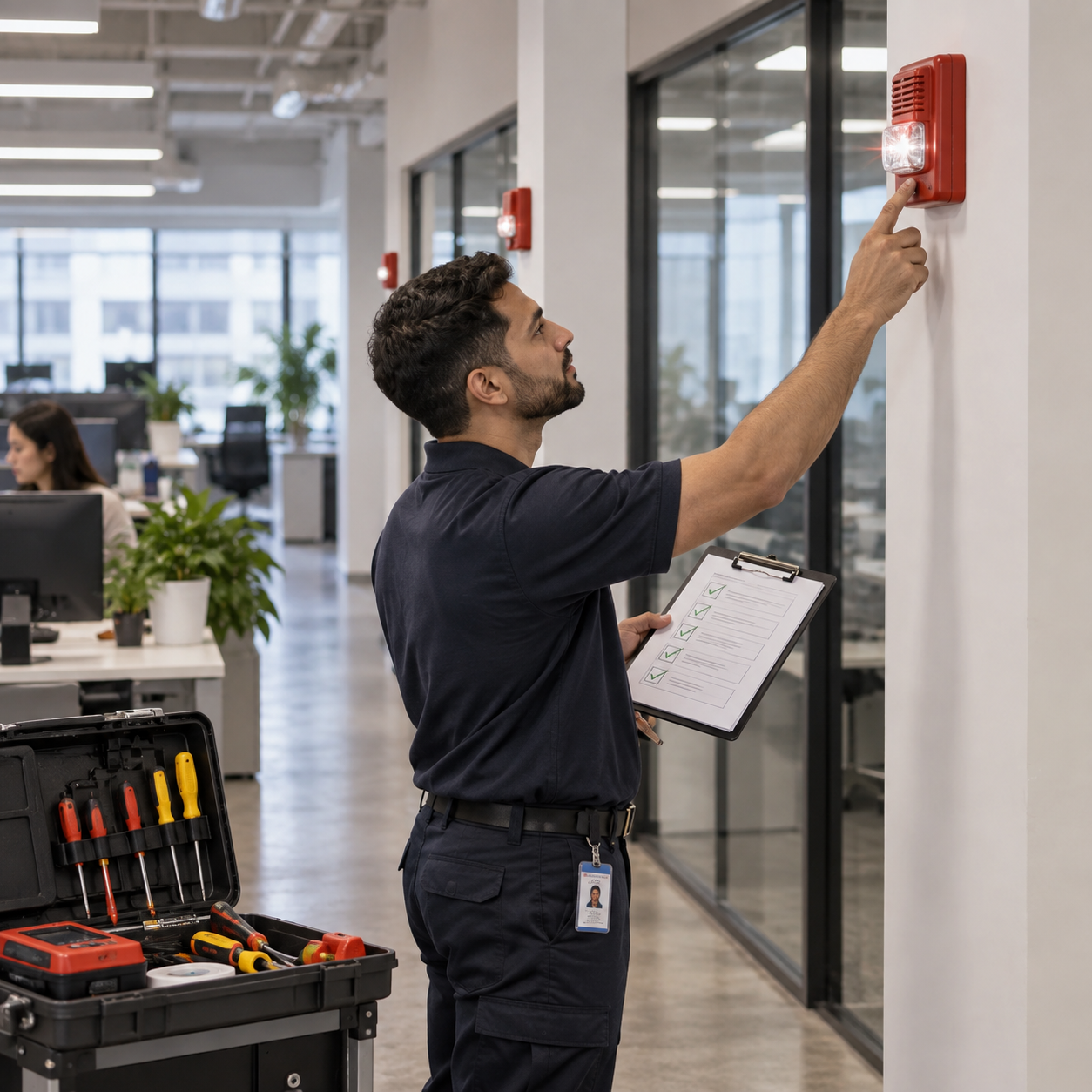 Technician continues a staged inspection across the office, open toolkit and completed checklist pages showing work progressing.
