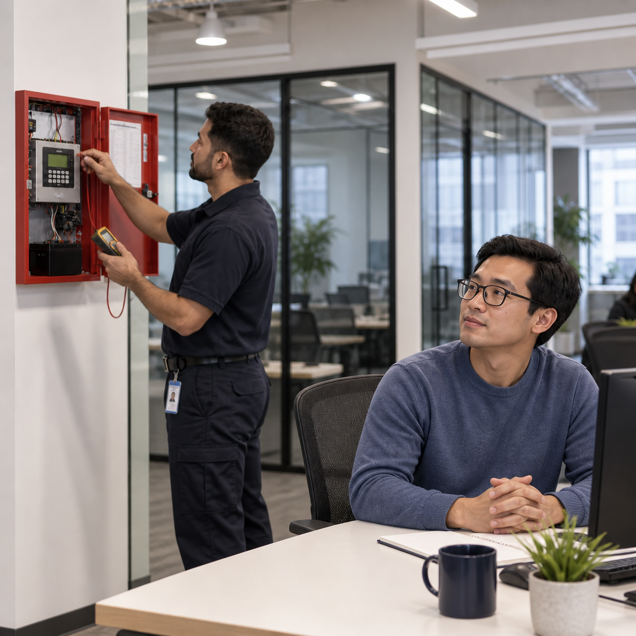 Employee waits calmly at a safe distance for the alarm technician to finish, hands relaxed and unhurried expression.
