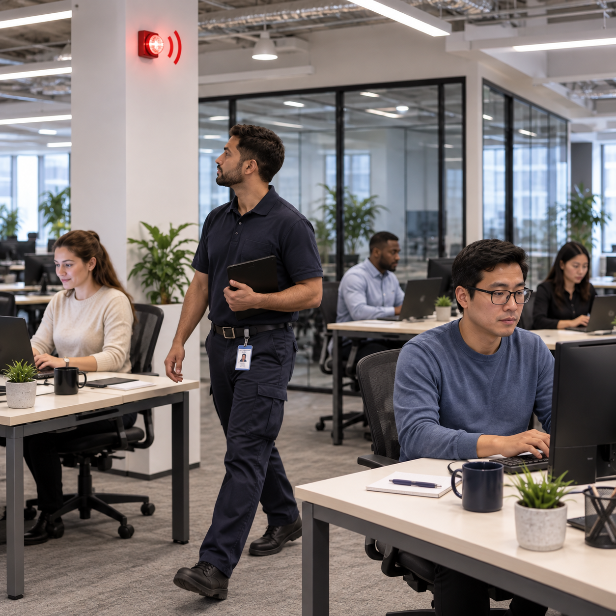 After the test announcement employees stay at their desks rather than leaving, technician passes behind, calm office moment.