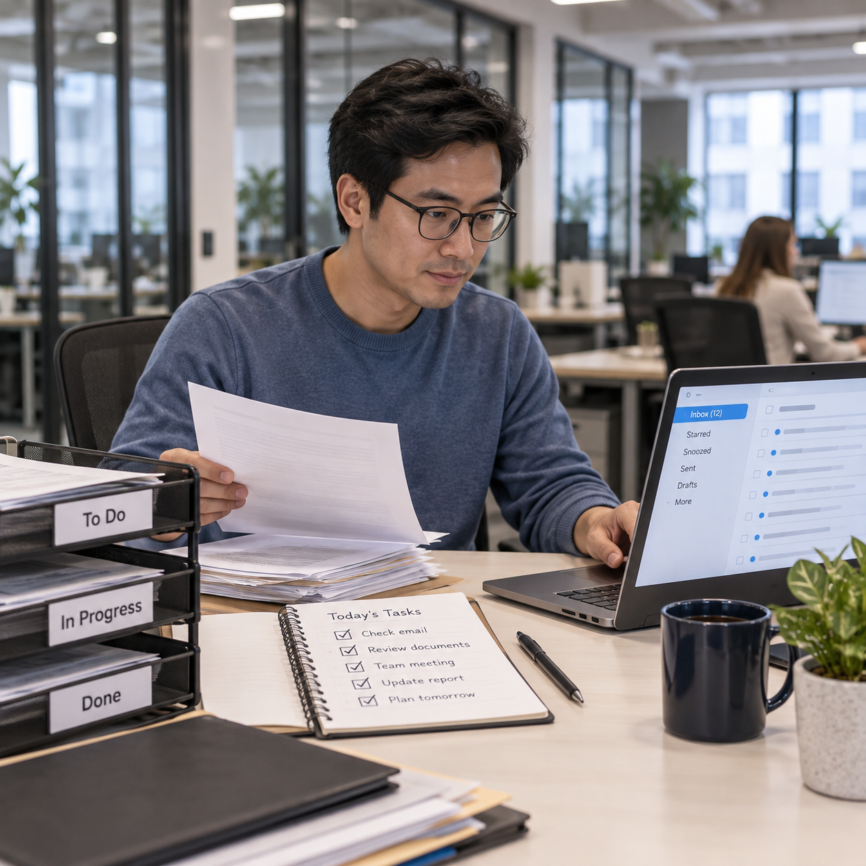 Glasses-wearing employee works through familiar daily desk tasks: notebook, laptop and sorted papers, technician no longer prominent.