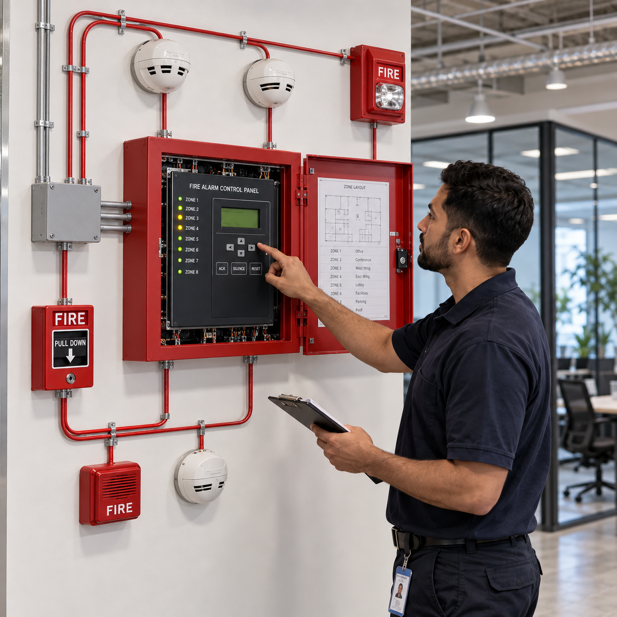 Technician studies the interconnected alarm control panel, neatly routed wires and multiple zone indicators, whole system visible.