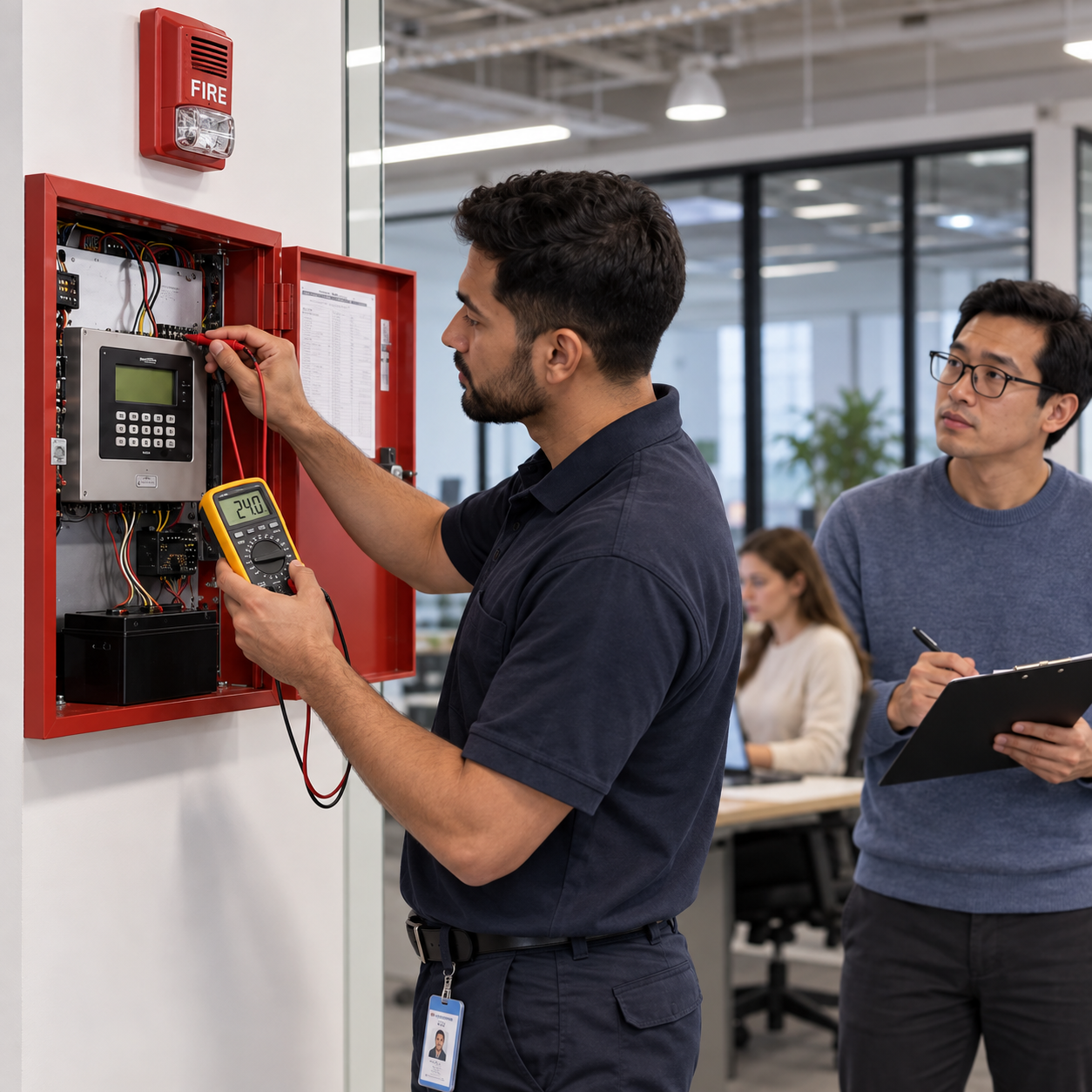 Technician uses a handheld meter to test one alarm panel connection, exact careful inspection action, coworkers in background.