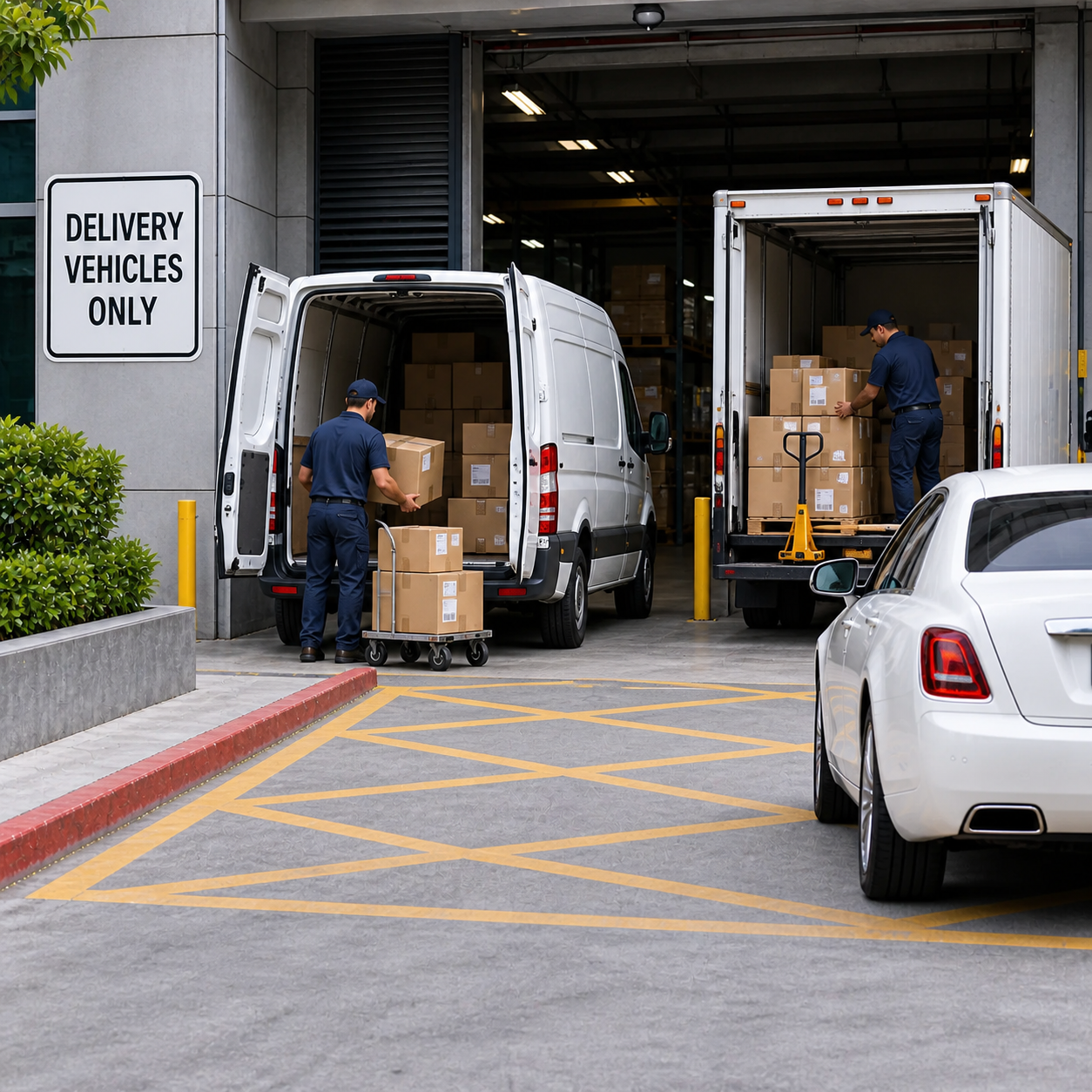 Two small commercial delivery vans unload cartons at the designated rear loading area, white private sedan being moved away.