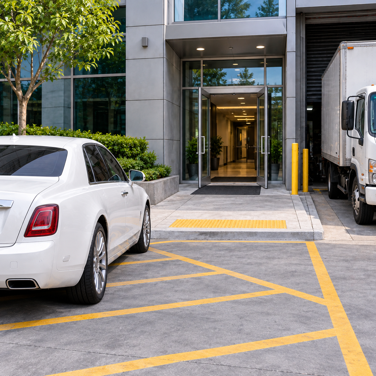 Clear view of the glass building's back entrance doorway and access path, white car off to the side, no obstruction over the doorway.