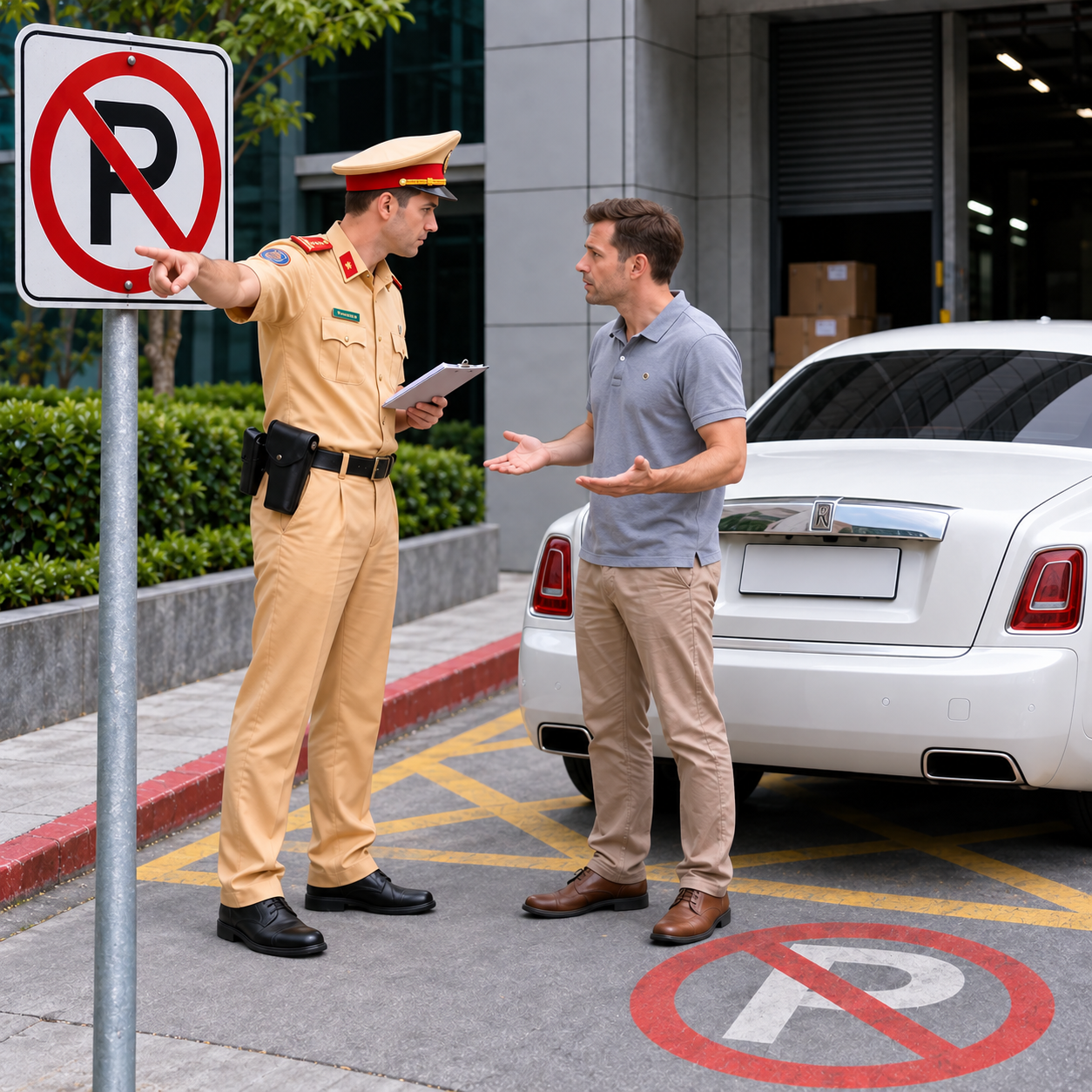 Officer points directly at the no-parking restriction while the driver sees that his sedan violates it, distinct close interaction.