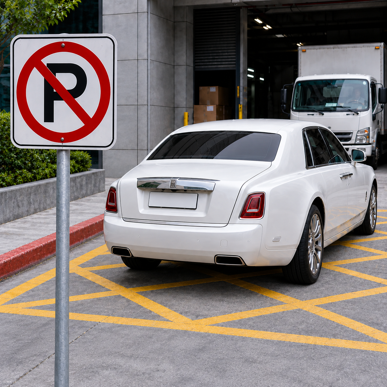 White sedan parked across the yellow restricted hatch beside a no-parking sign at the glass building's delivery entrance.