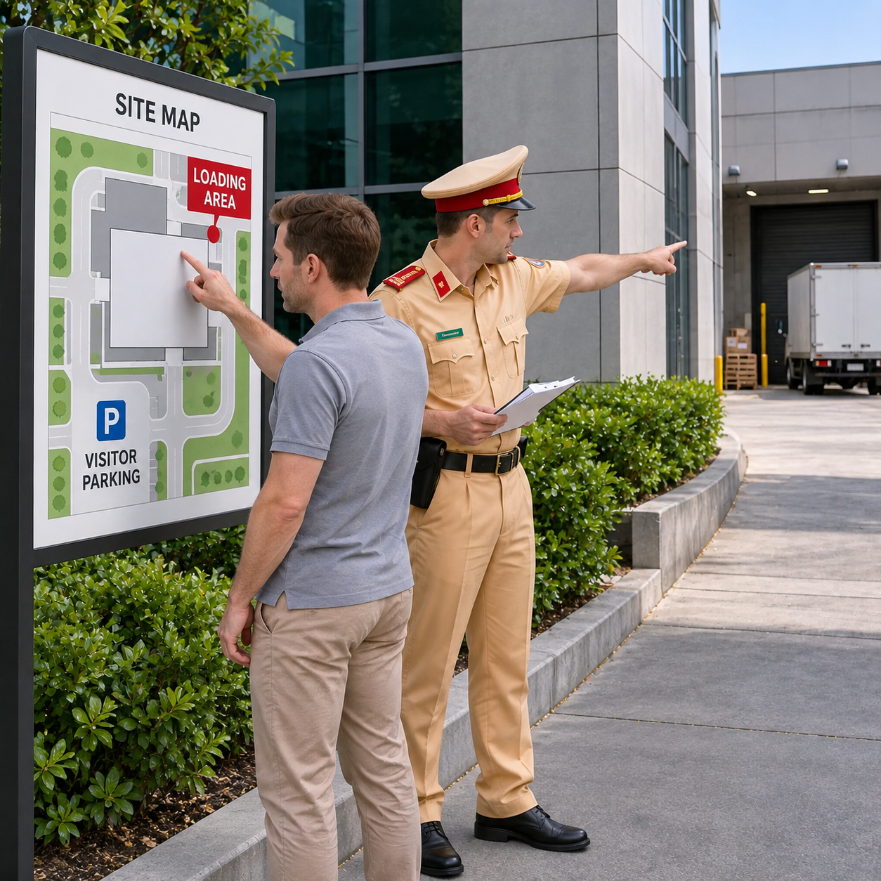 Driver studies a simple site map on a sign and points to the actual rear loading area visible around the building corner.