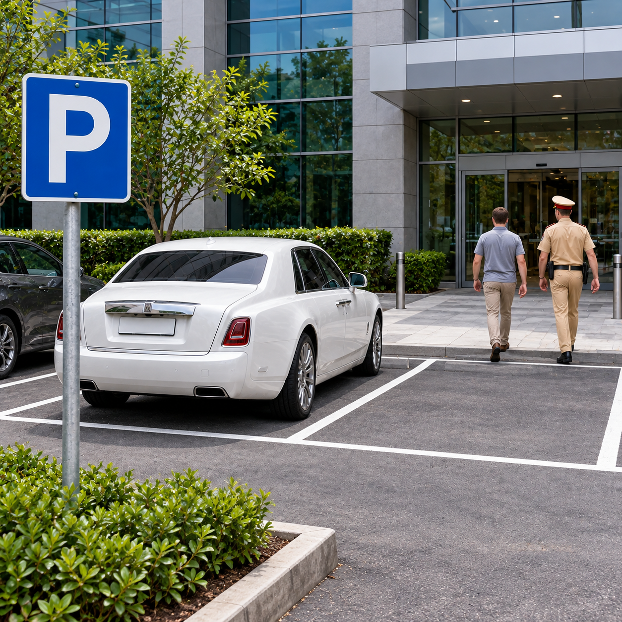 Wide view of the legitimate visitor parking lot behind the familiar glass office building, with white marked bays and a blue P sign. The white sedan is parked neatly inside a bay. The gray-polo driver and uniformed officer walk toward the rear building entrance. No loading bay, trucks, or no-parking sign.
