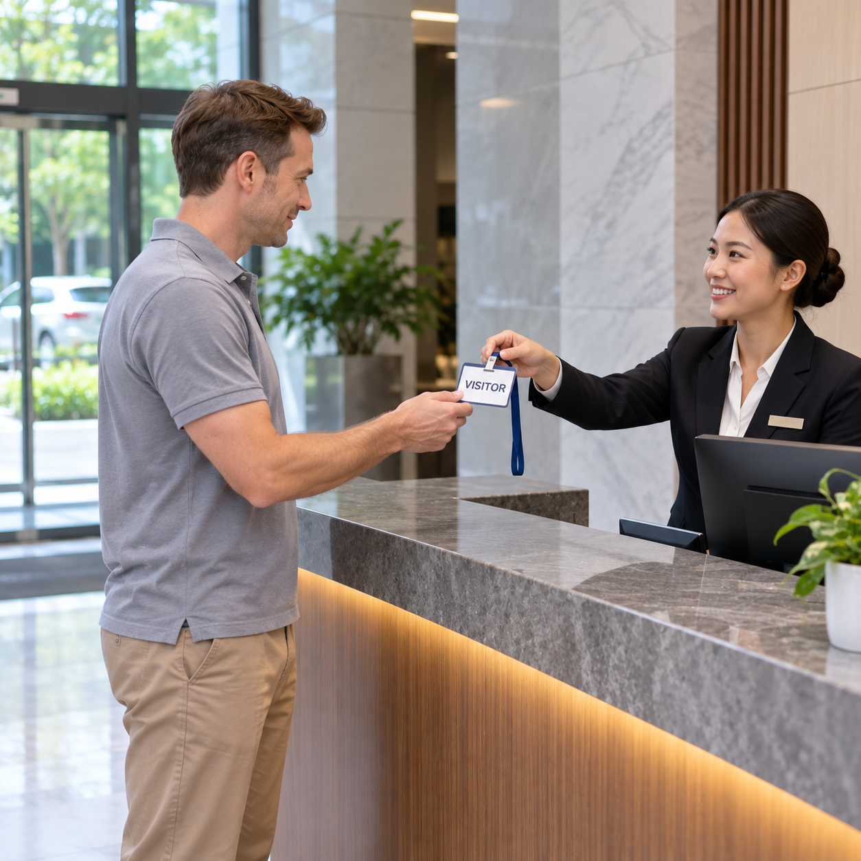 Gray-polo man receives a temporary visitor badge at the building's reception after arriving from the parking area.